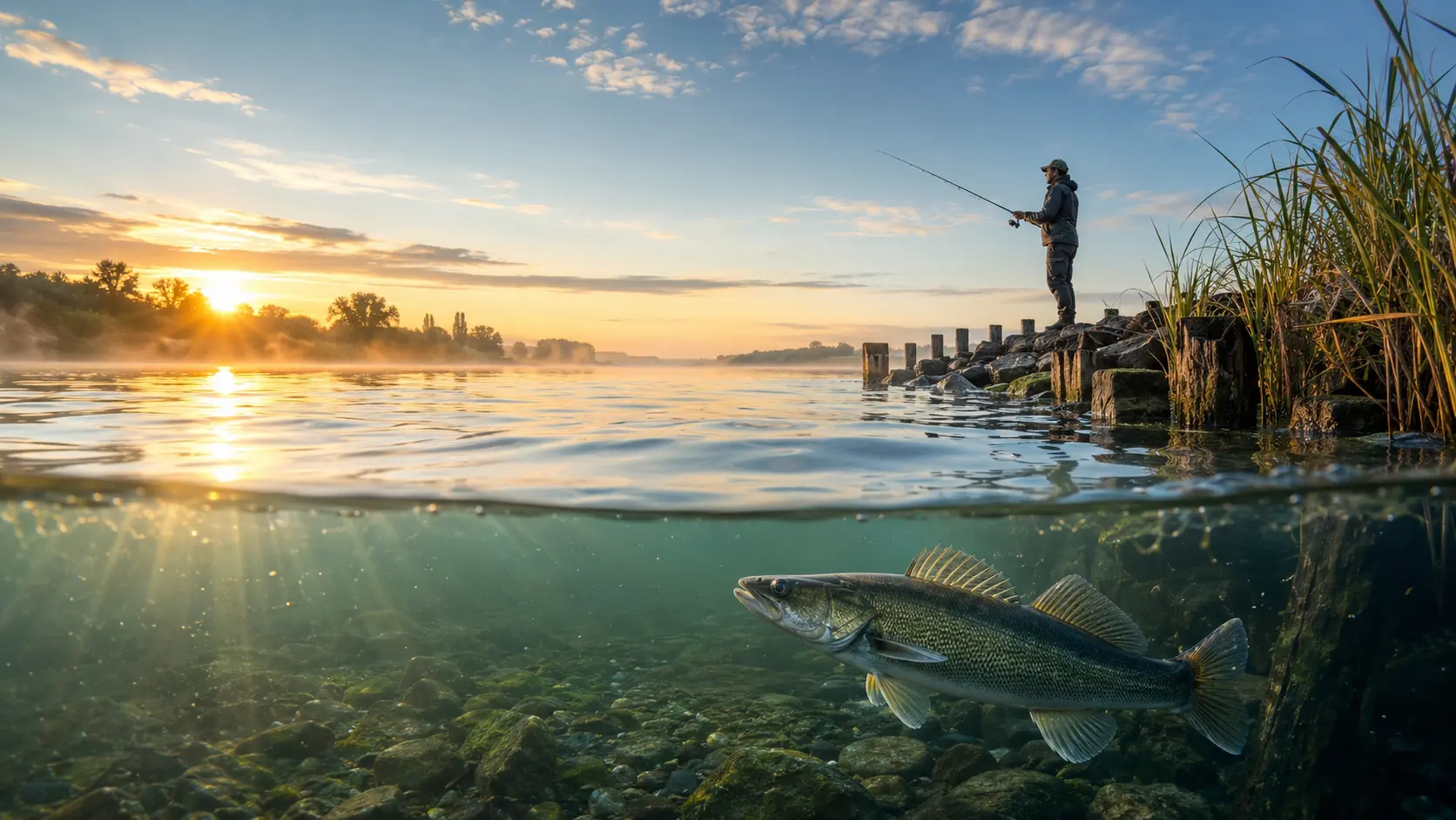 Zander unter Wasser vor der Kulisse eines Anglers am Fluss