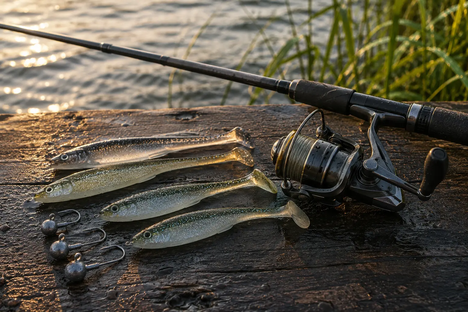Spinnrute, Rolle, Gummifische und Jigköpfe für das Zanderangeln