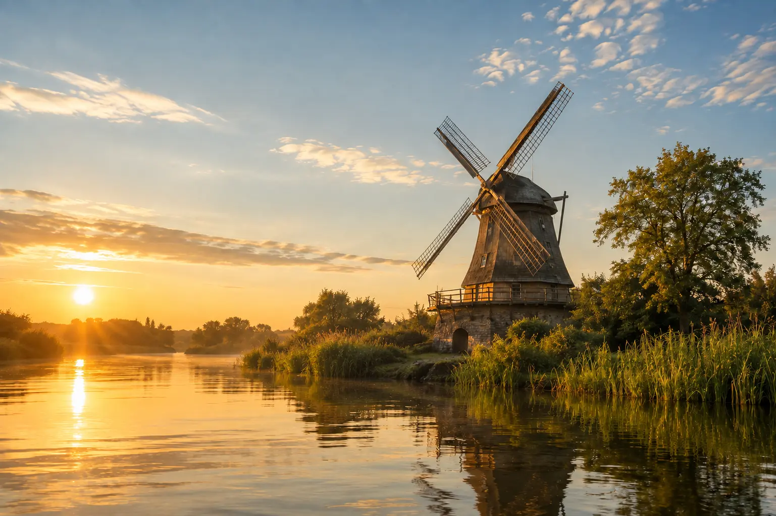 Stimmungsbild einer historischen Windmühle am Fluss im Abendlicht